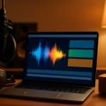 AI song generator: Laptop with an audio waveform, a microphone, headphones and a wrapped gift in a home studio