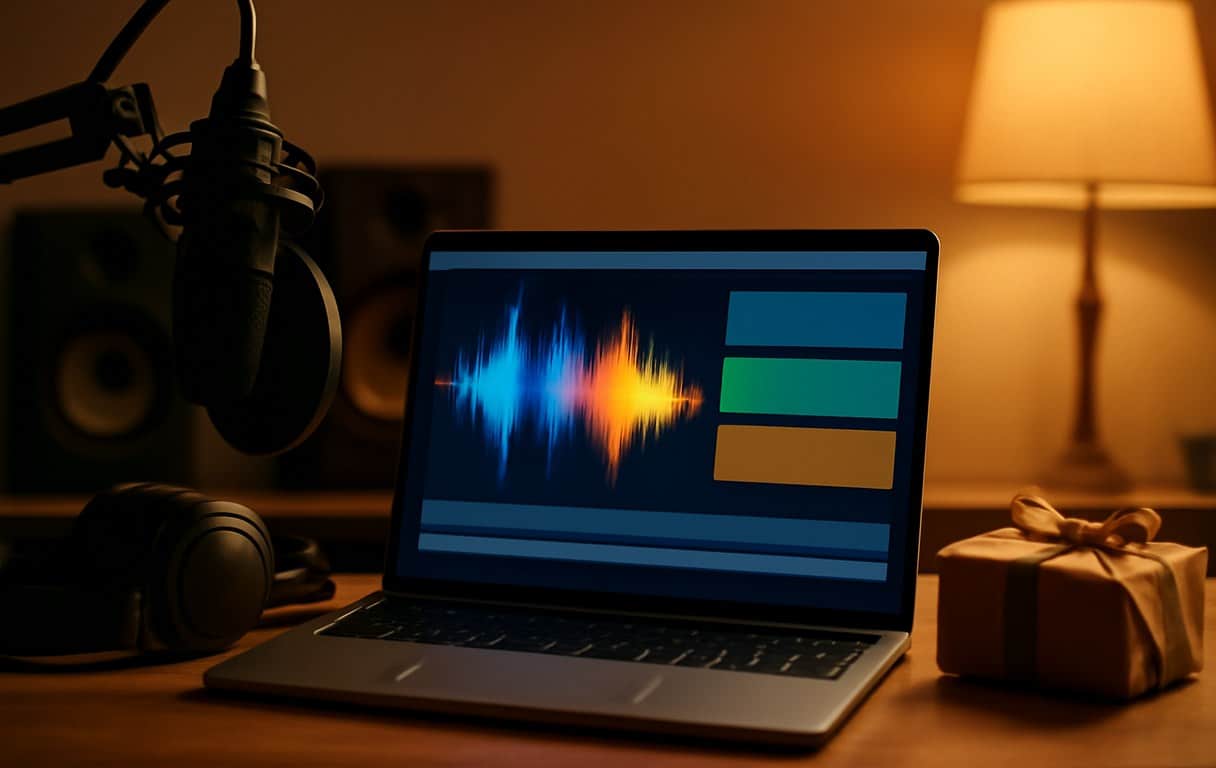 AI song generator: Laptop with an audio waveform, a microphone, headphones and a wrapped gift in a home studio